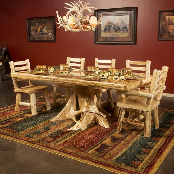 Cedar Lake Solid Wood Stump Base Dining Table--Clear finish, Liquid Glass table top finish, Ladderback arm & side chairs (High Gloss Finish is a Special Order.)