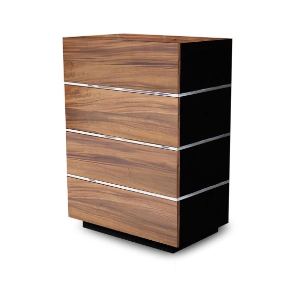 Stainless Steel Accented Asian Walnut Modern Chic Chest of 4 Drawers