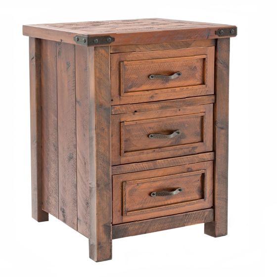 Rustic Three Drawer Weathered Wood Nightstand