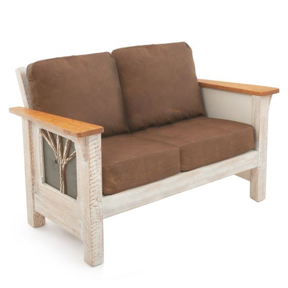 Winter Forest Cottage Barnwood Loveseat - Brown Genuine Leather Cushions