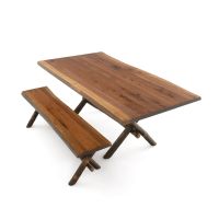 Rustic Live Edge Hickory Base Dining Table & Matching Bench - Black Walnut Table Top - Natural Clear Finish
