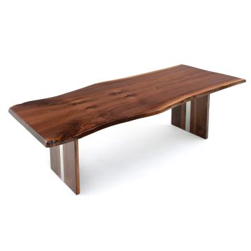 Live Edge Book-Matched Black Walnut Table Top - Provencial Finish - Silver Steel Inlay
