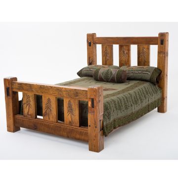 Rustic Lodge Barn Wood Bed with Carved Pine Trees