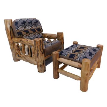 Beartooth Aspen Timber Comfort Log Chair (Gnarly Log) & Beartooth Aspen Timber Comfort Log Chair Ottoman (Natural Log) - Dakota Brandy Accent Upholstery & Gatlinburg Mineral Main Upholstery