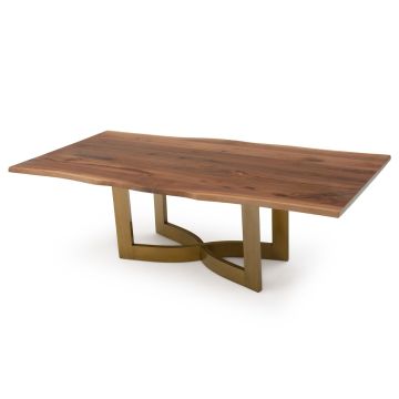 Modern Wavy X Natural Wood Dining Table - Live Edge Black Walnut Table Top - Natural Clear Finish - Bronze Steel Table Base