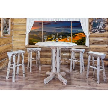 Montana Pedestal Pub Table shown with Half Log Barstools