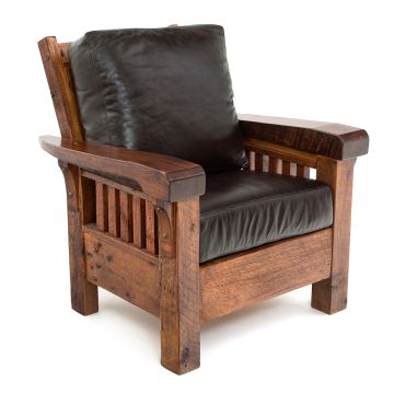 Rocky Creek Rustic Reclaimed Barn Wood Lounge Chair - Hampton Molasses Genuine Leather Cushions