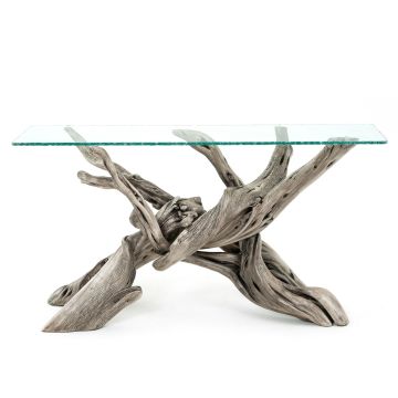 Uptown Rustic Driftwood Sofa Table - Barked Edge Glass Top