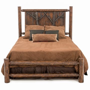 Woodland Forest Rustic Log Panel Bed--Barnwood Lager finish, 20" low-profile footboard