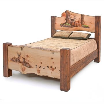 Rustic Hand Carved Panel Barnwood Post Bed - Hand Carved Footboard