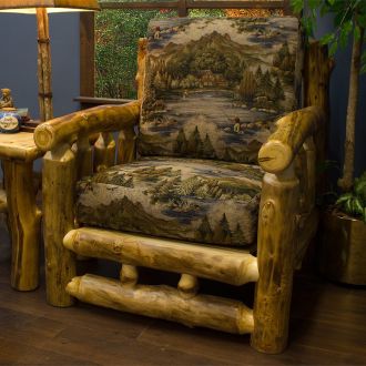Yellowstone Aspen Rustic Log Chair - Fishermen Fabric Cushions