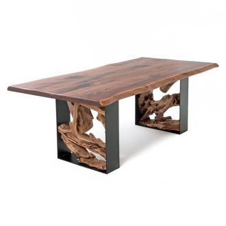Twisted Trails Natural Wood Teak Root Dining Table - Live Edge Black Walnut Table Top - Natural Clear Table Top Finish
