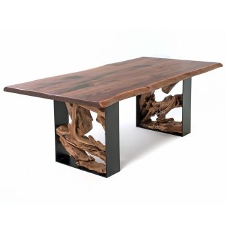 Twisted Trails Natural Wood Teak Root Dining Table - Live Edge Black Walnut Tabletop - Natural Clear Tabletop Finish